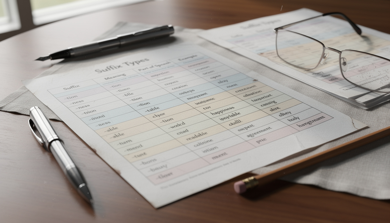 découvrez un tableau détaillé des suffixes vous présentant les différents types et leurs usages pour enrichir votre vocabulaire en français.