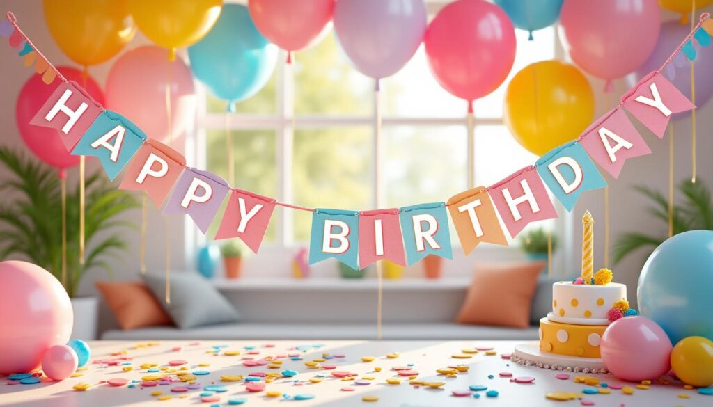 décorez la fête d’anniversaire de votre enfant avec notre guirlande joyeux anniversaire personnalisable, alliant style et convivialité pour une ambiance festive unique.