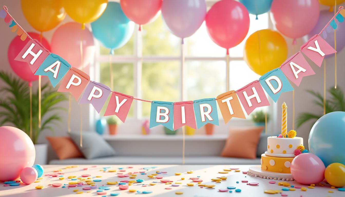 décorez la fête d’anniversaire de votre enfant avec notre guirlande joyeux anniversaire personnalisable, alliant style et convivialité pour une ambiance festive unique.