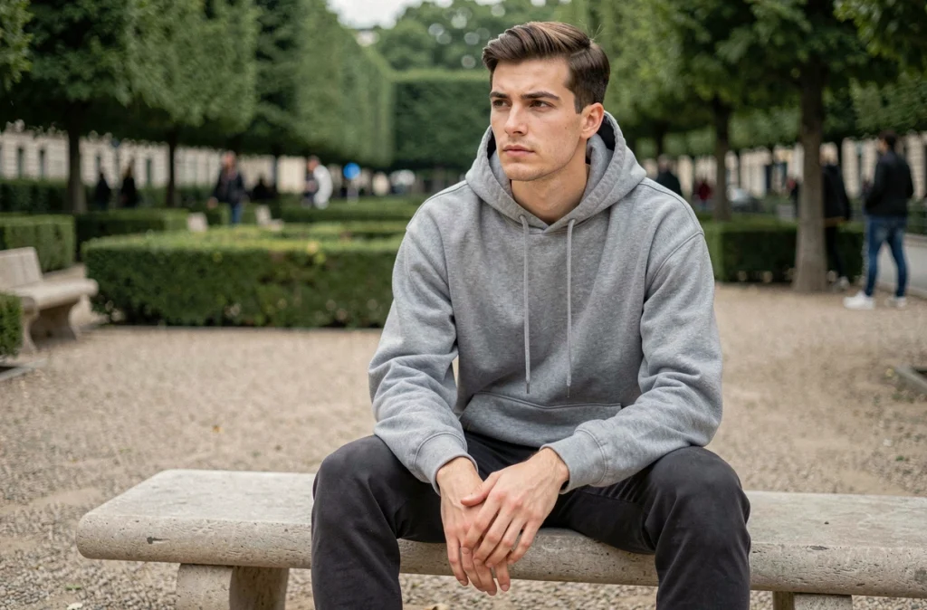 Jeune homme pensif assis dans un parc urbain parisien, portrait illustrant l'article sur Aaron fils de Jenifer et sa vie amoureuse