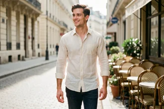 Jeune homme souriant se promenant dans une rue parisienne, illustrant la vie amoureuse d'Aaron fils de Jenifer en 2026