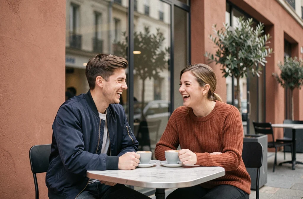 Jeune couple complice attablé en terrasse de café, évoquant la vie sentimentale d'Aaron fils de la chanteuse Jenifer
