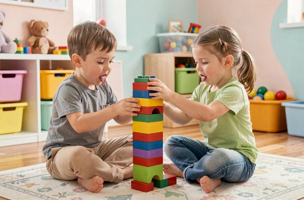 Deux enfants de 3 ans concentrés à construire une tour de cubes colorés dans une salle de jeux