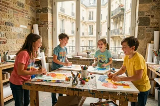 Enfants de 6 à 12 ans faisant de la peinture dans un atelier artistique parisien aux murs en pierre