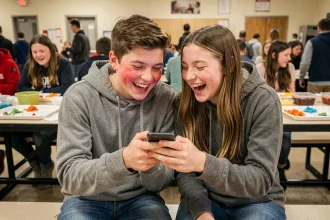 Deux adolescents qui rient ensemble en regardant un téléphone dans une cafétéria scolaire, illustrant les blagues de couple version ado
