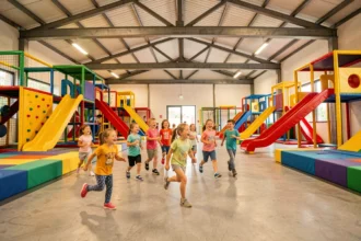 Enfants jouant dans une grande aire de jeux couverte en Bretagne avec toboggans et structures colorées