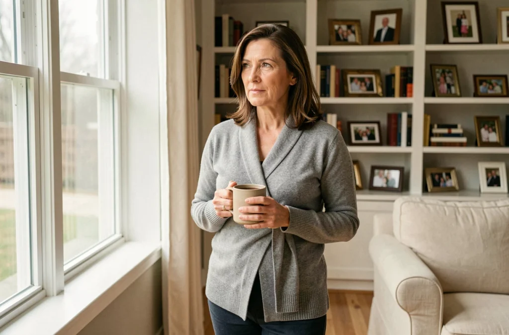 Femme élégante dans la cinquantaine dans un intérieur cosy tenant une tasse de café, portrait intimiste illustrant la vie discrète d'Alexis Knief loin des projecteurs
