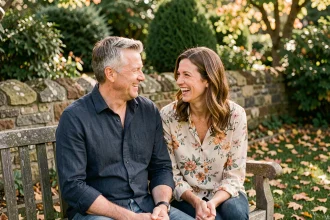 Couple dans la cinquantaine partageant un moment complice dans un jardin, évoquant une relation amoureuse durable comme celle d'Alexis Knief et Timothy Olyphant