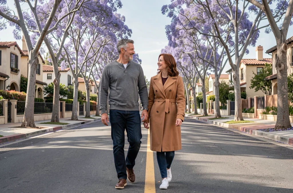 Couple marchant dans un quartier résidentiel californien ensoleillé, image illustrant la vie quotidienne et la relation longue durée d'Alexis Knief et Timothy Olyphant