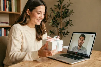 Femme annonçant sa grossesse à son conjoint en visio en lui offrant un cadeau surprise