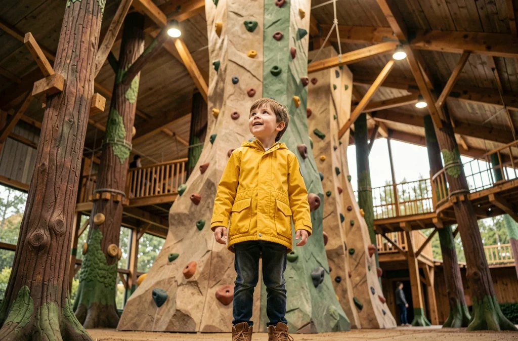 Enfant émerveillé devant une structure d'escalade intérieure au décor forestier à l'Armoripark dans les Côtes-d'Armor