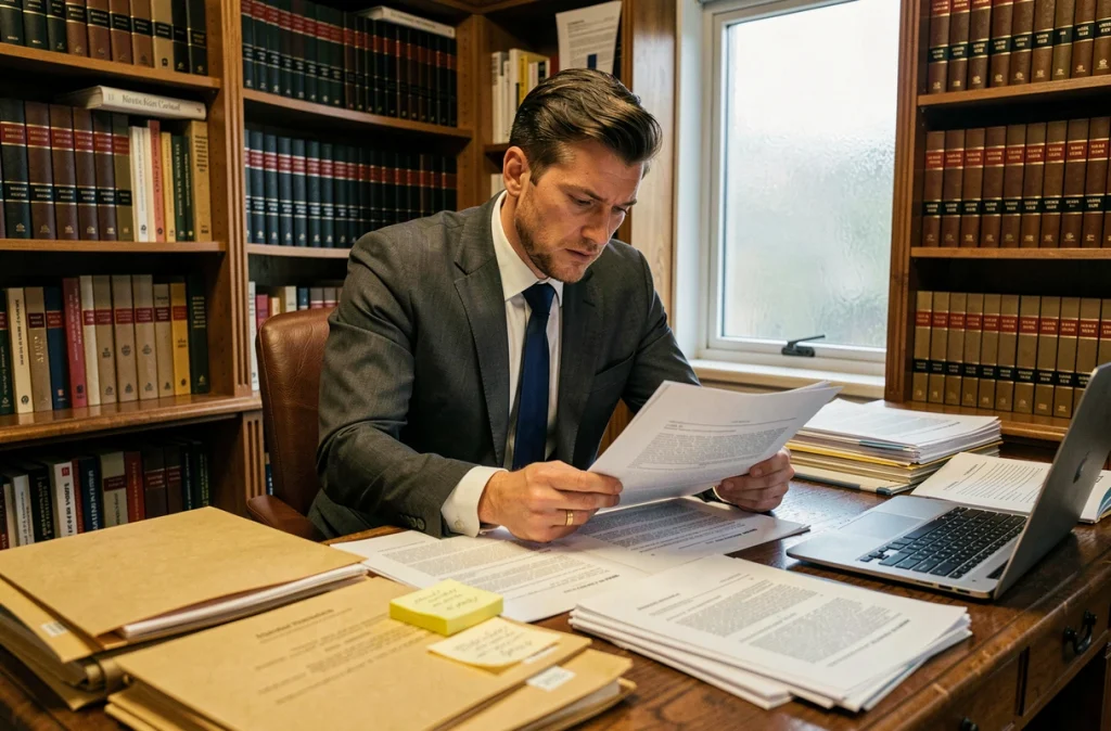 Avocat spécialisé examinant des documents juridiques dans son bureau, conseillant sur les conséquences d'une absence à une audience du juge des enfants