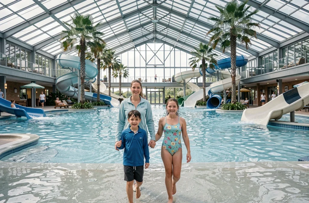Famille profitant du parc aquatique intérieur Aqua'Fun du Cobac Parc en Ille-et-Vilaine