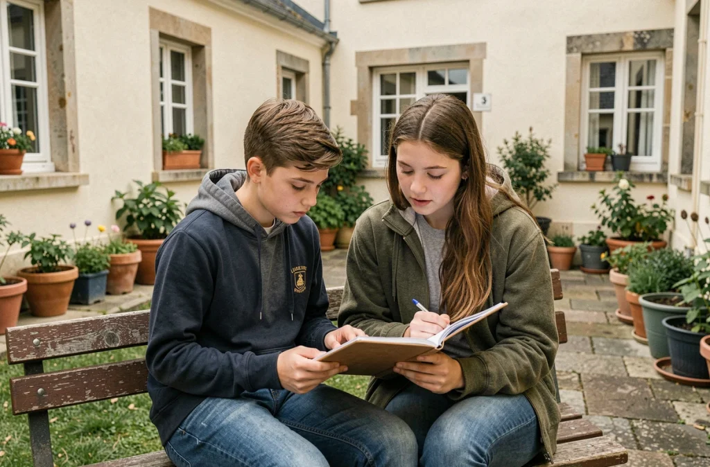 Deux élèves collaborant dans la cour du Collège-Lycée privé de Loudéac