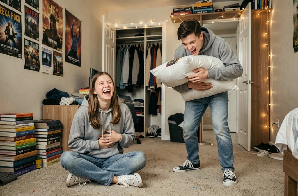 Couple d'adolescents en train de rire aux éclats dans une chambre typique d'ado, illustrant l'humour et les blagues de couple entre jeunes