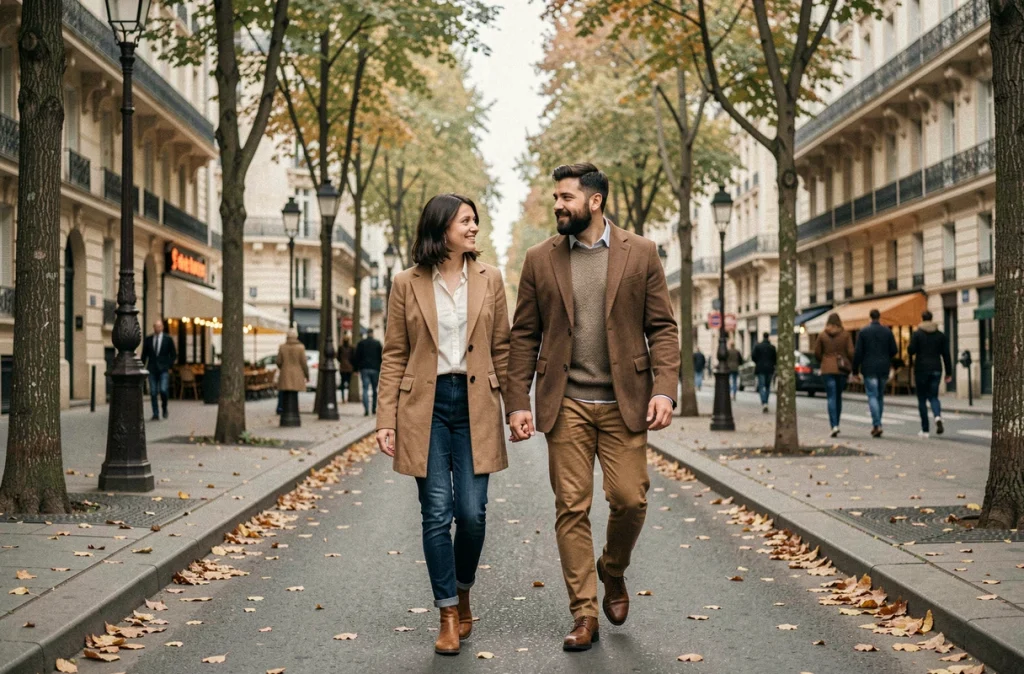 Couple se promenant sur un boulevard parisien en automne, évoquant la discrétion d'une vie sentimentale préservée des médias