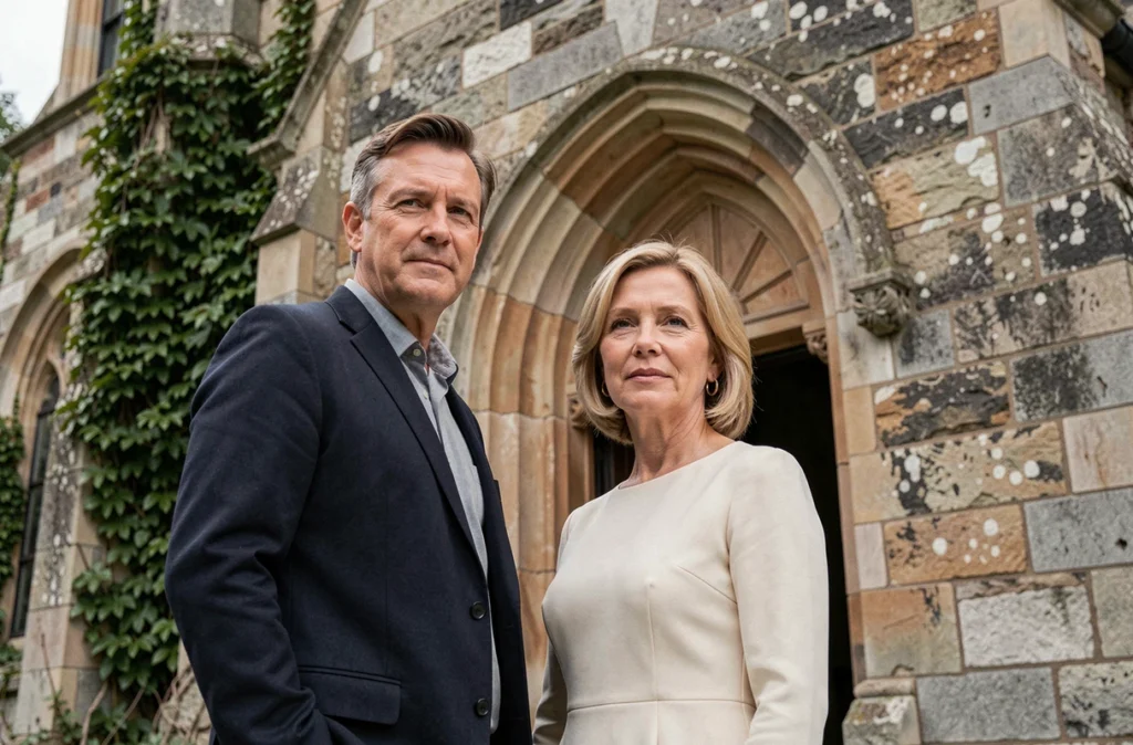 Couple élégant devant une église en pierre symbolisant l'union de la foi religieuse et de l'engagement conjugal représenté par un diamant