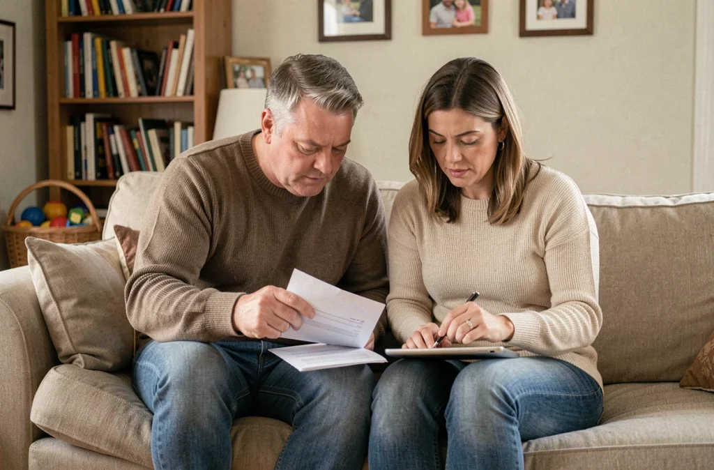 Couple de famille d'accueil qui analyse ensemble les documents de rémunération pour quatre enfants accueillis