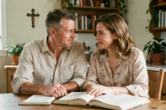 Couple uni par la foi et la symbolique du diamant assis ensemble autour d'une table en bois avec des livres ouverts et une bague de fiançailles