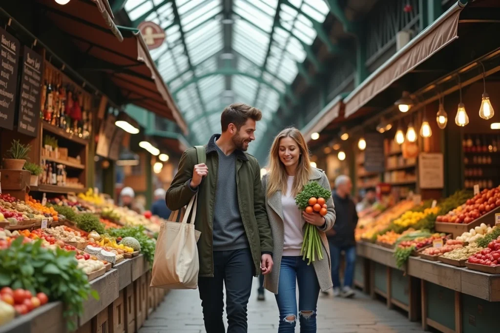 Couple explorant un marché couvert à Lille non loin de La Maillerie lors d'une sortie en ville