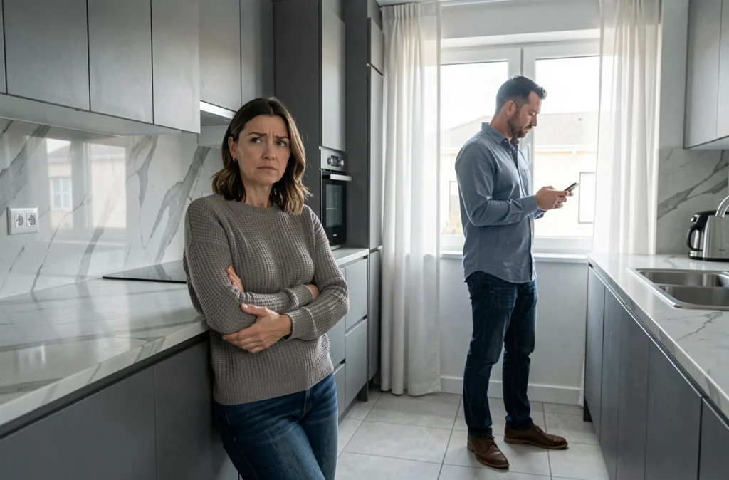 Couple en tension émotionnelle dans une cuisine moderne, illustrant la distance relationnelle liée à l'insécurité affective