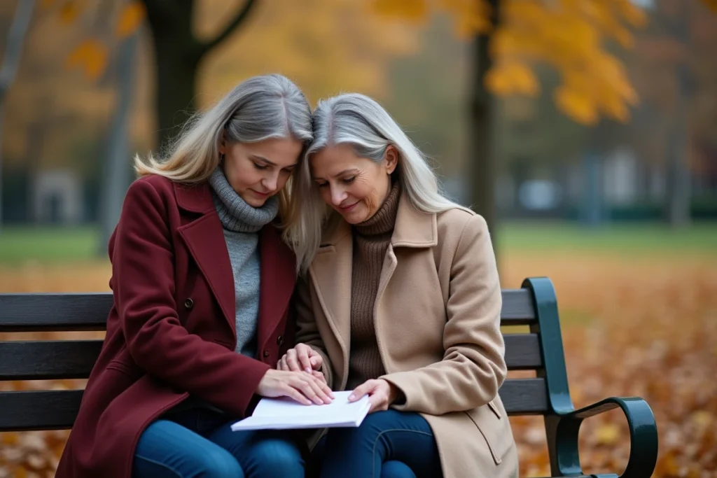Deux femmes assises sur un banc en automne, l'une réconfortant l'autre après un deuil maternel, tenant une lettre de soutien