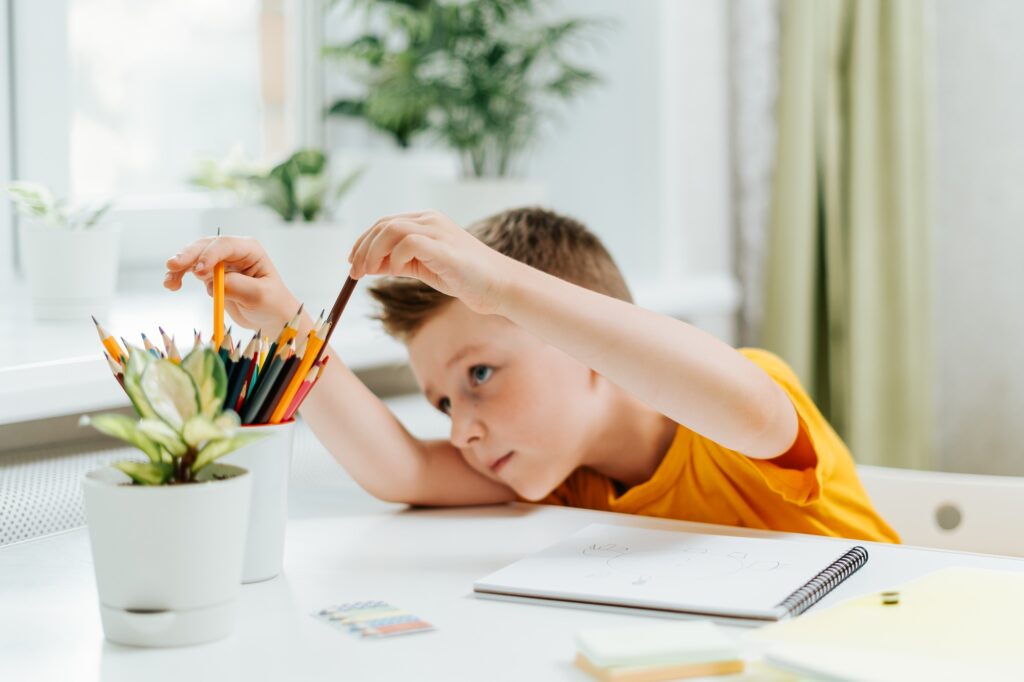 Distance learning online education. Caucasian smile kid boy studying at home with book, draw in