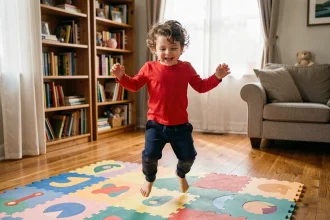 Enfant de 3 ans qui saute avec énergie sur un tapis de jeu coloré dans un salon chaleureux