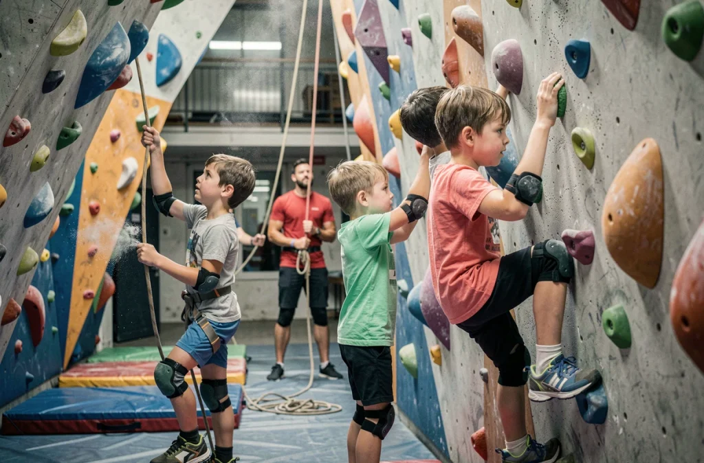 Groupe d'enfants faisant de l'escalade dans une salle de grimpe urbaine à Paris