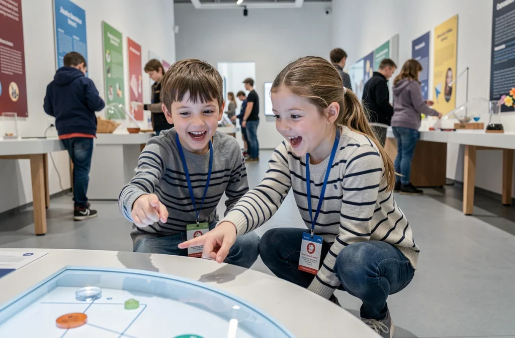 Deux enfants explorant une exposition interactive dans un musée pour enfants à Paris