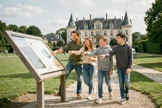 Famille avec deux adolescents visitant un parc nature en Île-de-France lors d'un week-end ensoleillé