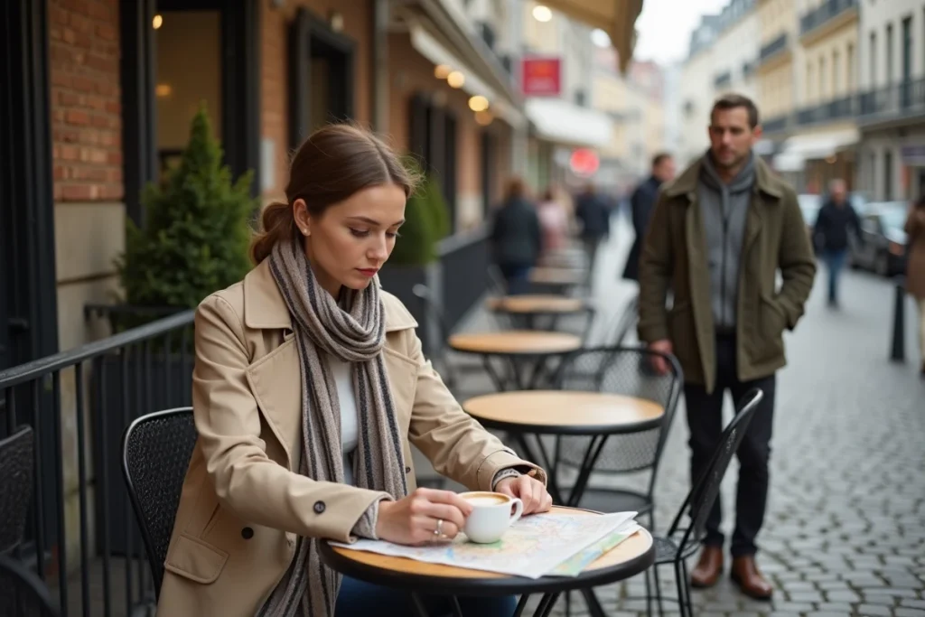Femme consultant une carte dans un café de Lille près de La Maillerie pour planifier ses sorties