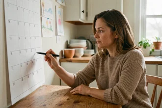 Femme marquant les semaines paires et impaires sur un calendrier papier dans une cuisine familiale