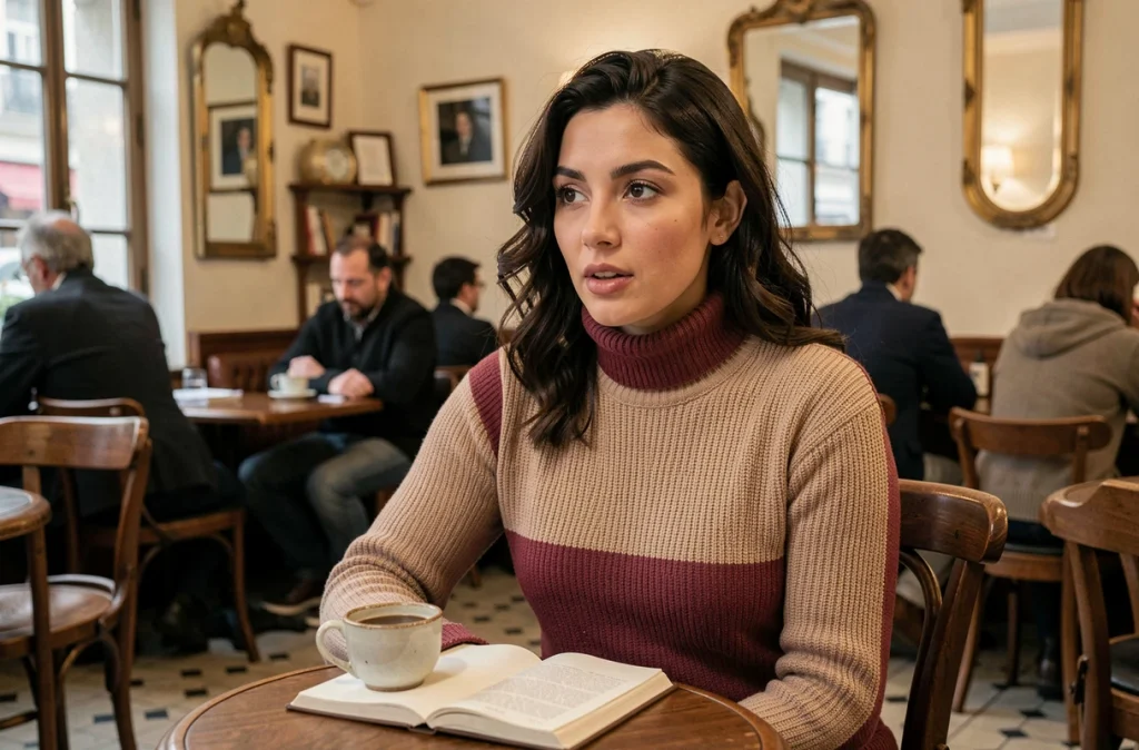 Femme introspective dans un café parisien avec carnet ouvert, symbolisant les rares confidences personnelles accordées aux médias