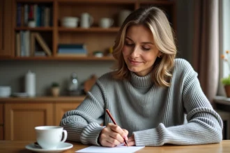 Femme écrivant une carte de condoléances manuscrite à une table en bois, cherchant les mots justes pour soutenir un proche en deuil