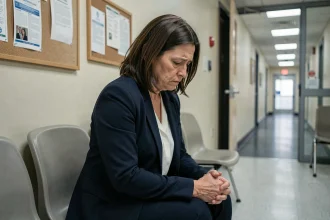 Femme anxieuse assise seule dans une salle d'attente d'un tribunal, symbolisant l'inquiétude face à une audience au juge des enfants