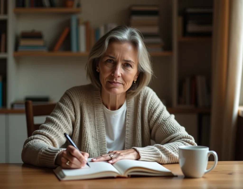 Femme écrivant dans un journal intime à son bureau, représentant l'introspection et la quête de confiance en soi après un rêve anxiogène