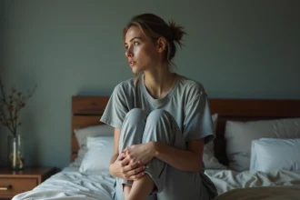Femme pensive assise seule sur un lit le matin, illustrant le manque de confiance en soi après un rêve de trahison conjugale