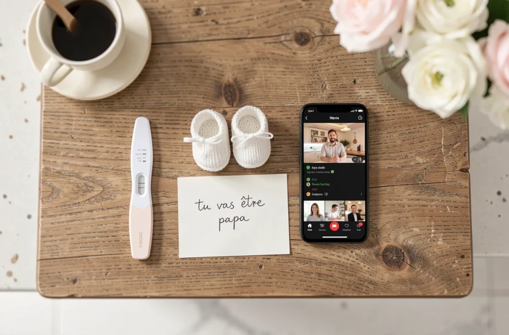 Flat lay de cadeaux pour annoncer une grossesse à distance par appel vidéo