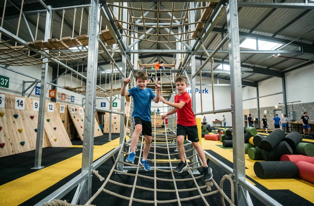 Deux garçons sur un parcours d'obstacles intérieur au FunPark de Dirinon en Finistère