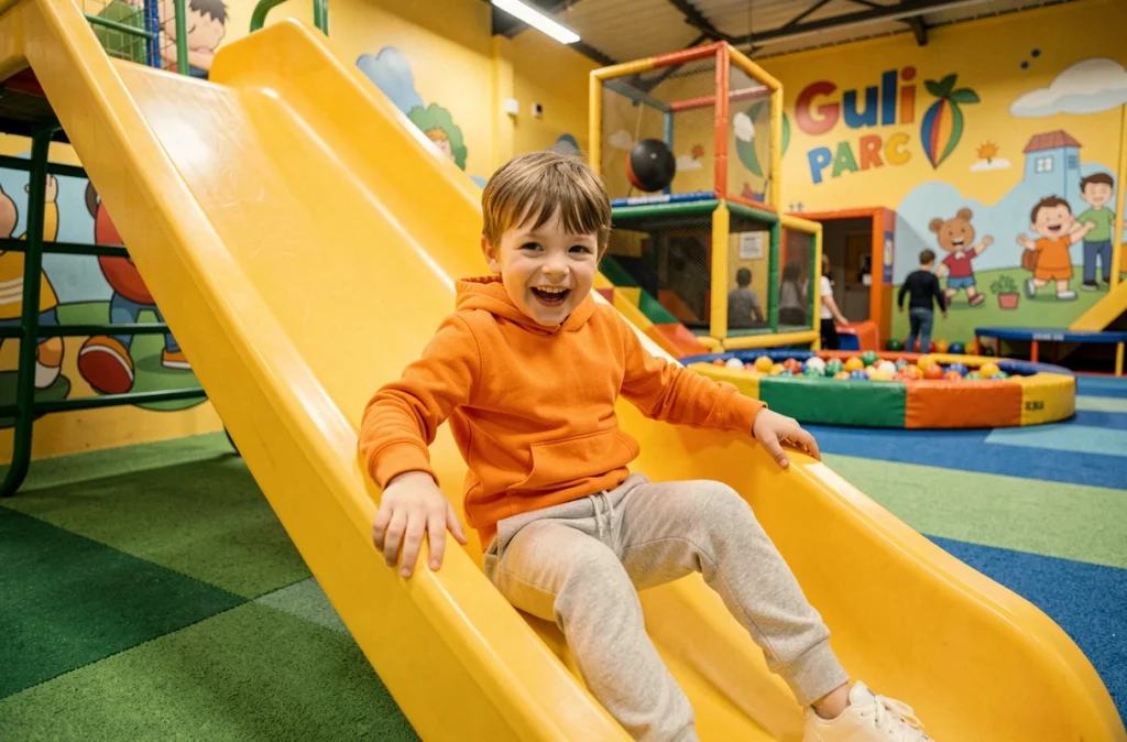 Enfant souriant qui descend un toboggan coloré au Gulli Parc de Rennes Cesson