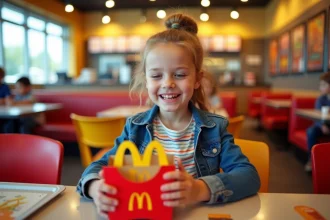 Fillette souriante tenant une boîte Happy Meal dans un restaurant fast food, illustrant le marketing alimentaire ciblant les enfants en France
