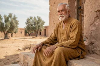 Vieil homme barbu en robe de lin sur des marches en pierre, évoquant les patriarches bibliques hébreux et l'origine du prénom Noah
