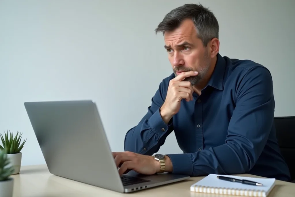 Homme pensif devant un ordinateur cherchant comment rédiger un message de condoléances à un ami ayant perdu sa mère