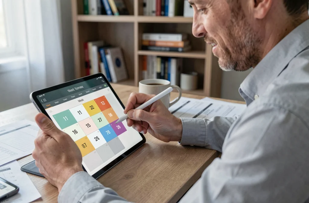 Homme consultant un calendrier numérique pour organiser un planning de garde semaine paire et impaire
