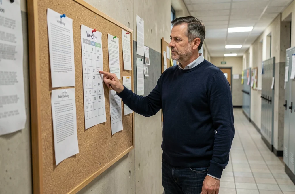 Homme consultant un planning de semaines paires et impaires affiché dans un couloir d'école