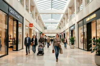 Intérieur du centre commercial Le Cardo à Orvault avec des visiteurs se déplaçant dans la galerie marchande