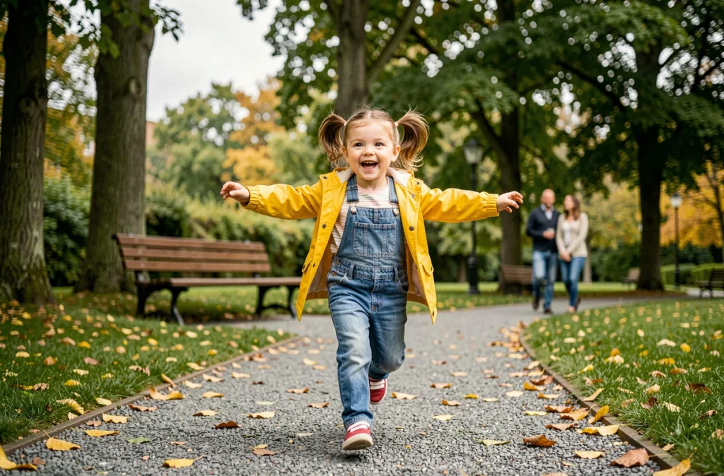 Petite fille de 3 ans qui court en plein air dans un parc verdoyant avec un manteau jaune
