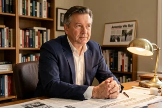 Journaliste masculin élégant assis à son bureau éditorial entouré de journaux, illustrant la vie professionnelle d'Olivier Benkemoun