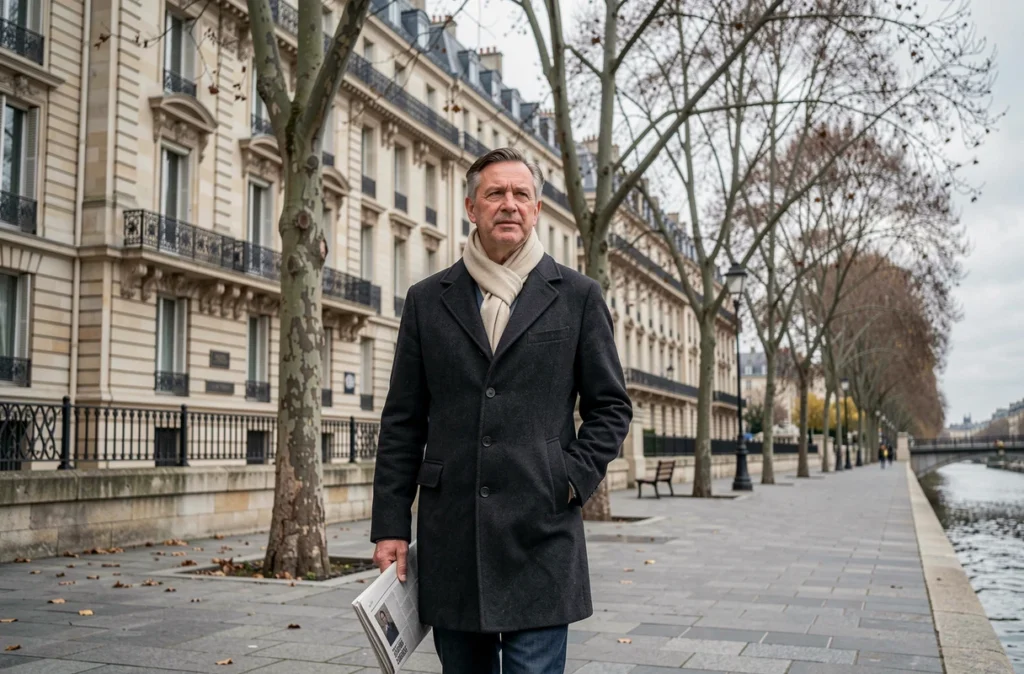 Journaliste marchant le long des quais parisiens en automne avec un journal sous le bras, illustrant pudeur et passion du journalisme à Paris